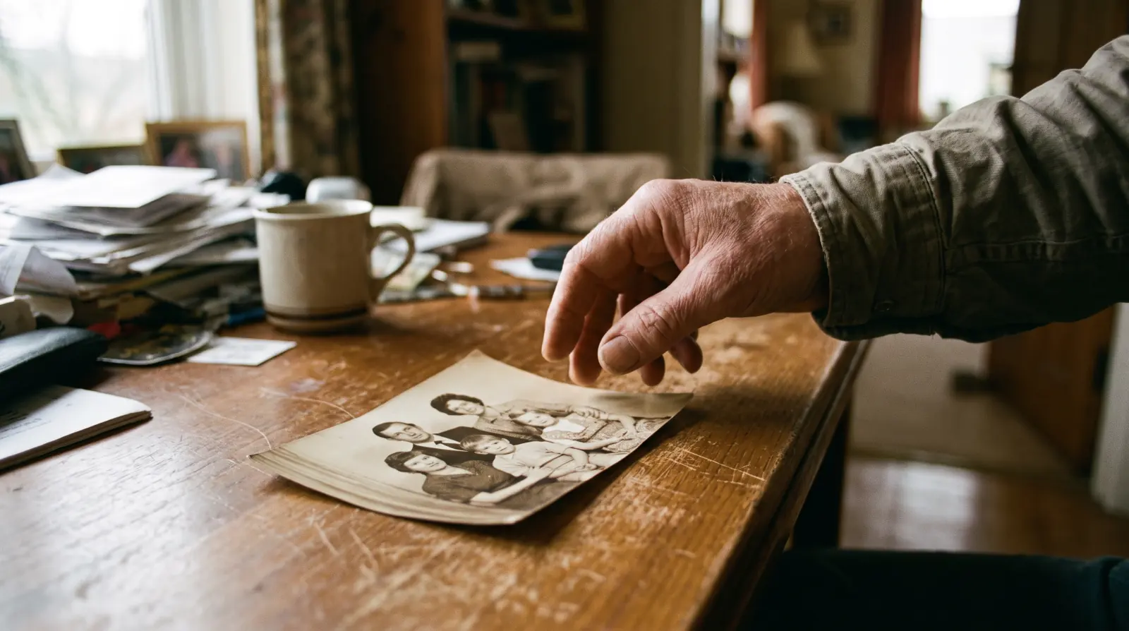 A hand pausing just above an old photograph on a table, not yet touching it