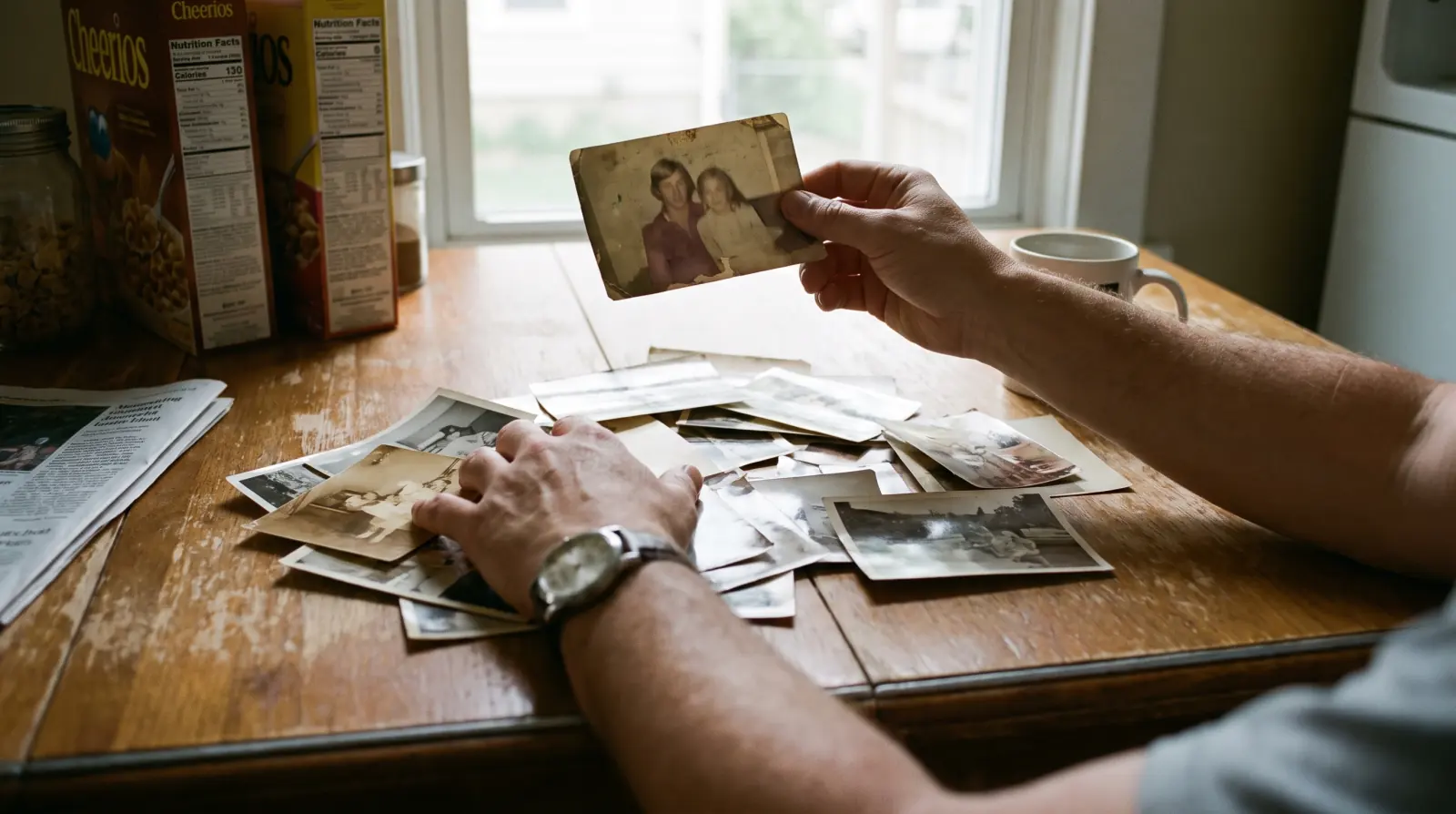 Hands spreading family snapshots across a table, one photograph held up to the window
