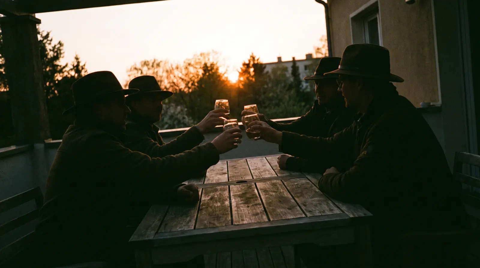 Backlit figures raising glasses around an outdoor table