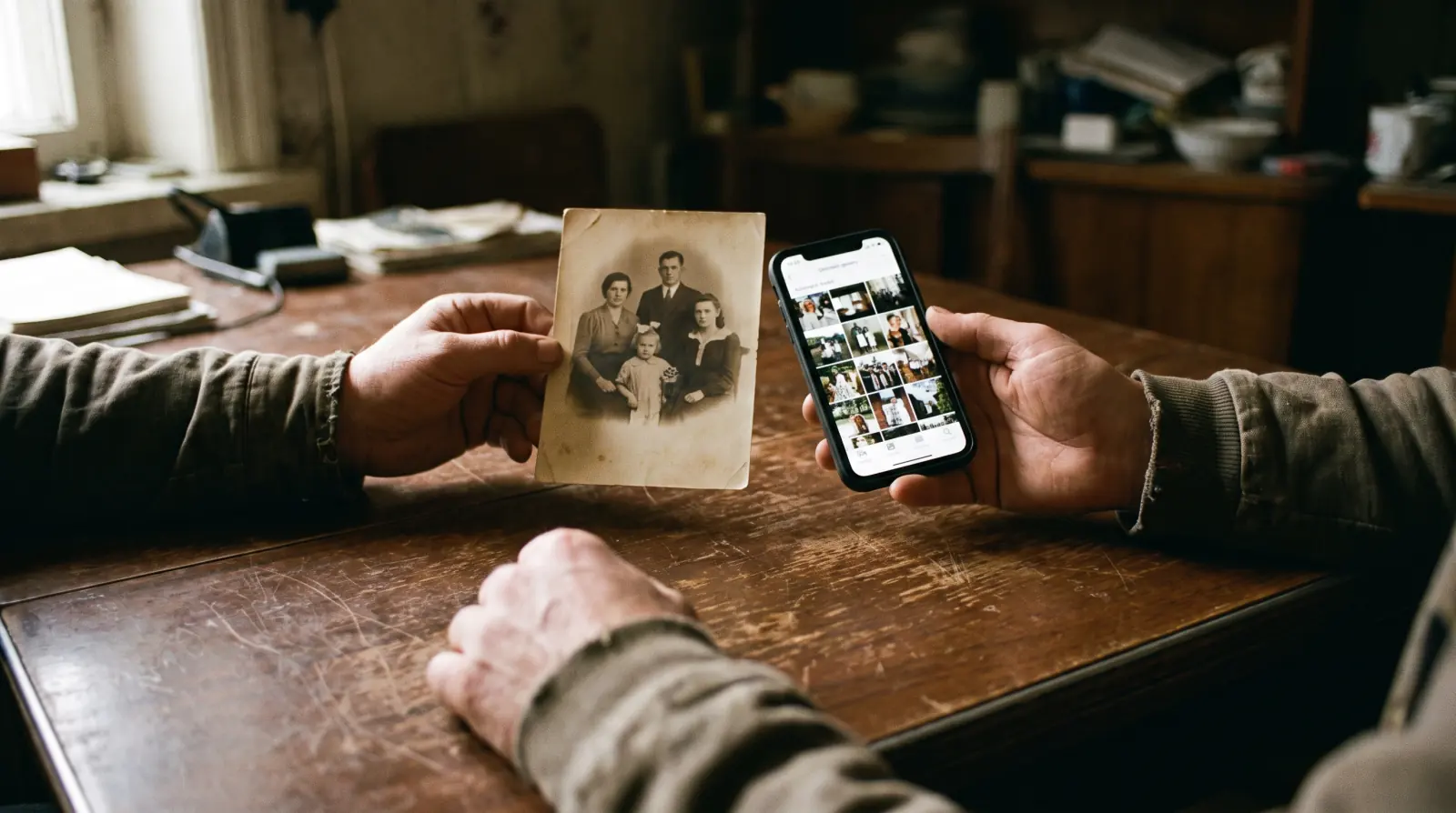 One hand holding an old printed photograph, another holding a phone, over a worn table