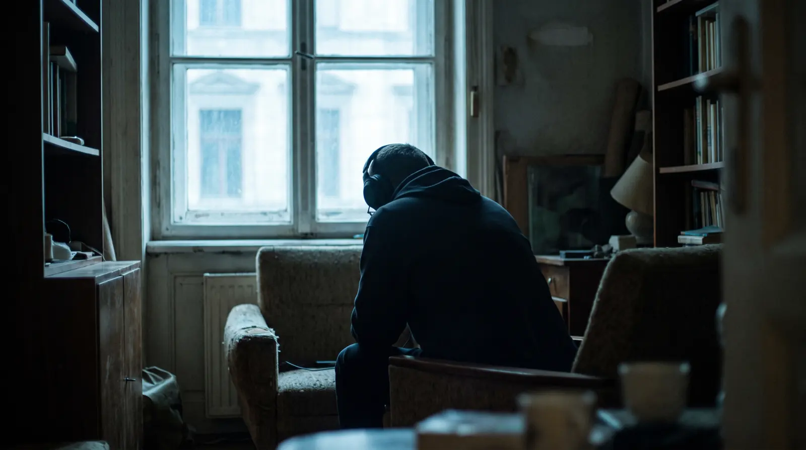 A person alone by a window wearing headphones, seen from behind
